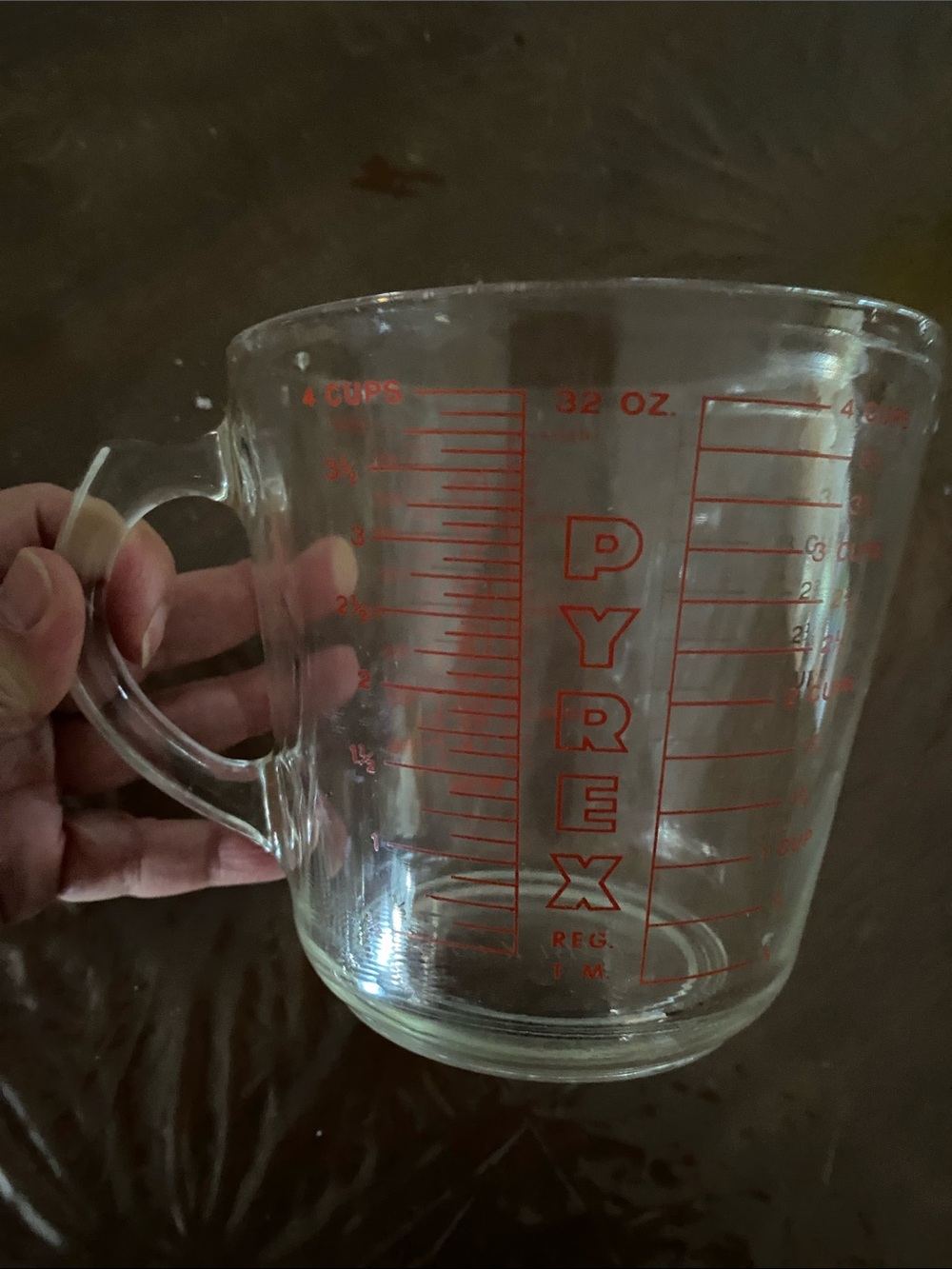 Vintage Pyrex Clear Glass Measuring 4  Cup with Red Graphics